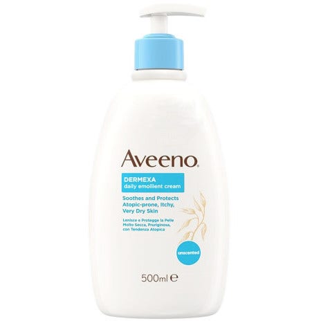 White plastic bottle with a blue pump, labeled "Dermexa Daily Emollient Cream" by Aveeno, featuring a soothing oat design and text highlighting its benefits for very dry, itchy skin.