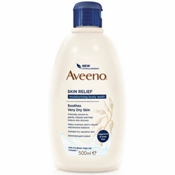 Aveeno Skin Relief Moisturizing Body Wash in a cream-colored bottle with a blue flip-top lid, labeled for soothing very dry skin, 500ml size.