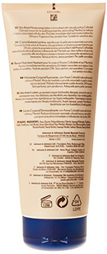 Aveeno Skin Relief Soothing Lotion in a 200 ml beige tube with a blue cap, featuring calming ingredients and detailed product information on the back.