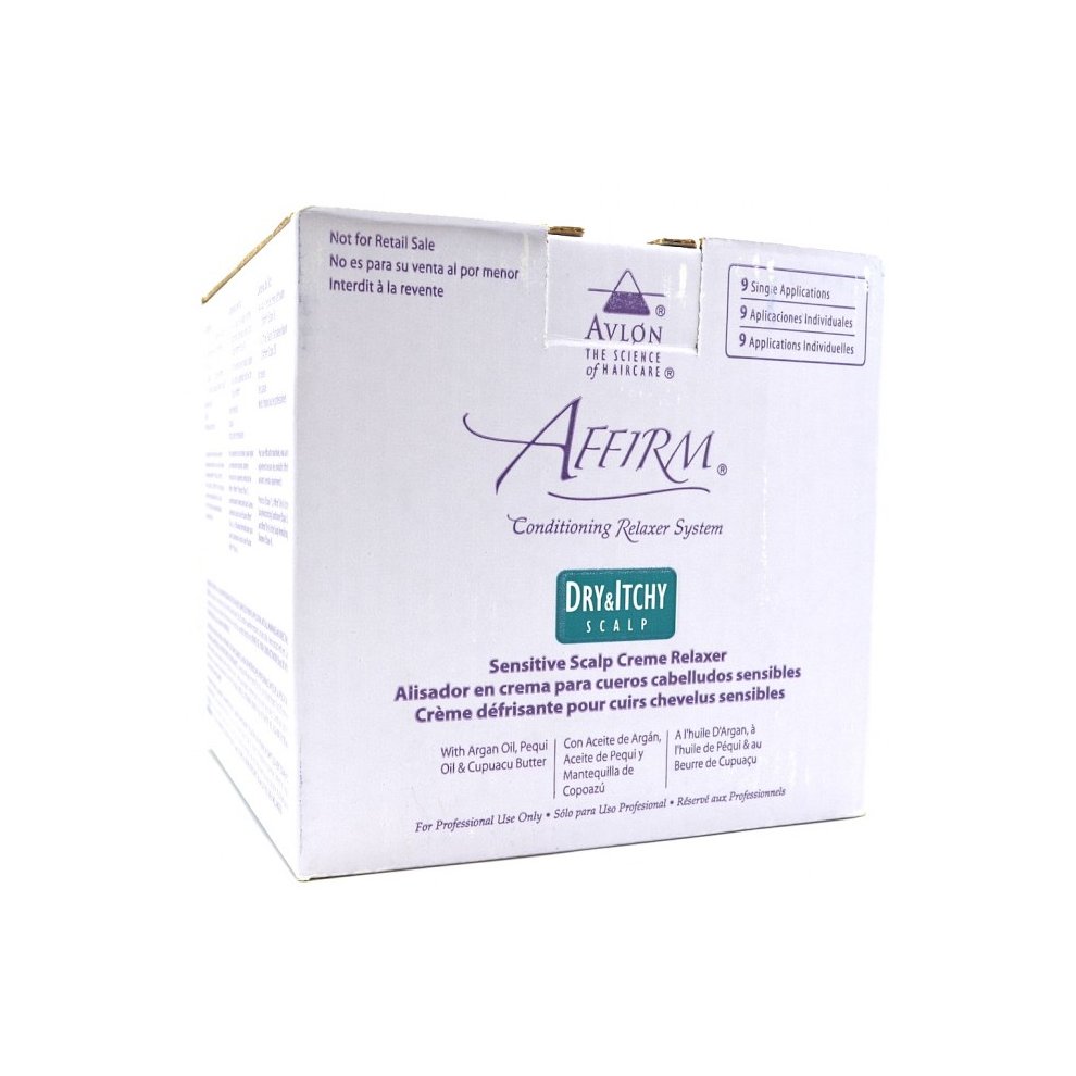 White box featuring the Avlon Affirm logo, labeled "Sensitive Dry & Itchy Scalp Conditioning Creme Relaxer," with details about 9 single applications and ingredients like argan oil.