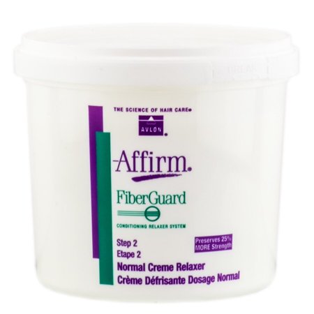 White plastic jar with a screw-top lid, labeled "Affirm FiberGuard" in purple and green, indicating it's a Normal Creme Relaxer for hair care.