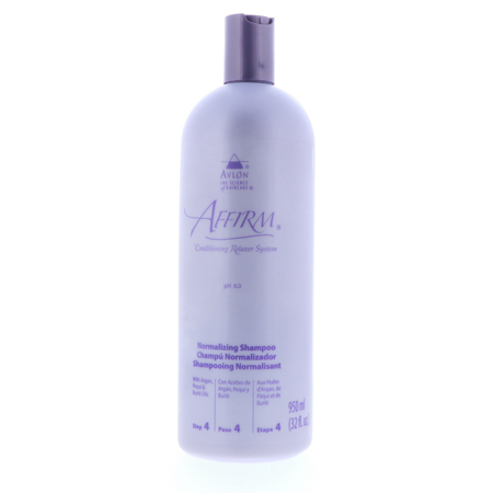 32 oz bottle of Avlon Affirm Normalizing Shampoo, featuring a sleek lavender design, a flip-top cap, and labeled with pH 6.0 and "Step 4" for hair care.