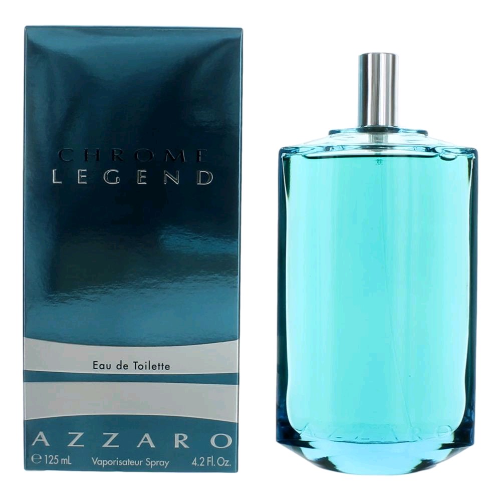Azzaro Chrome Legend Eau De Toilette in a clear glass bottle with a blue tint, featuring a silver spray nozzle, accompanied by a sleek blue and silver box.
