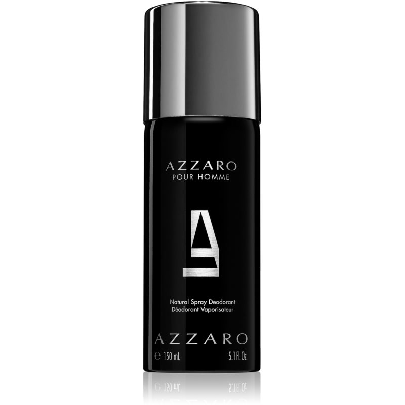 Black cylindrical deodorant spray with a sleek silver cap, featuring the Azzaro logo and product name in white text, 150ml size.
