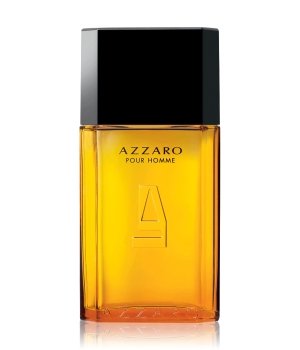 Amber-colored glass bottle with a sleek rectangular shape, featuring a black cap and embossed logo, labeled "Azzaro Pour Homme."