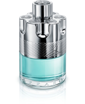 Clear glass bottle with a silver, gun-shaped cap, featuring a textured silver band and a light blue liquid inside, labeled "Azzaro Wanted Tonic EDT M 50 Ml."