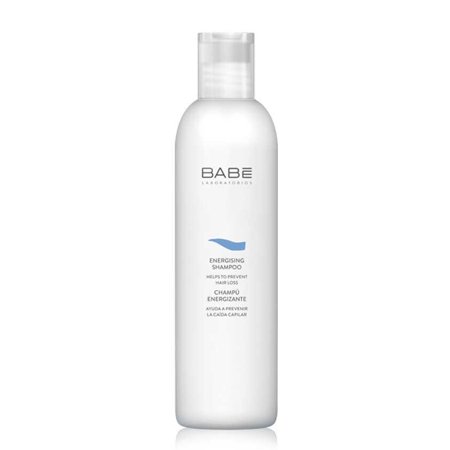 White plastic bottle of Babe Anti-Hair Loss Energising shampoo, 250ml, featuring a minimalist design with blue accents and clear labeling.