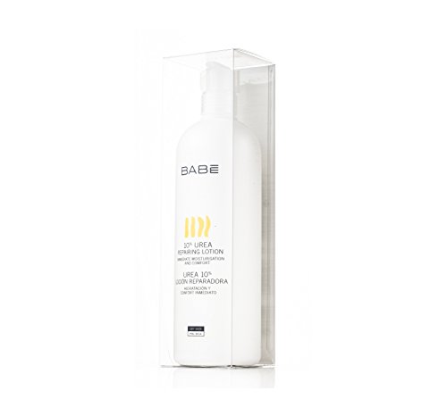White bottle of Babe 10 Urea Repairing Lotion, 500ml, with a sleek design, featuring a yellow label and clear plastic packaging, highlighting its moisturizing properties.