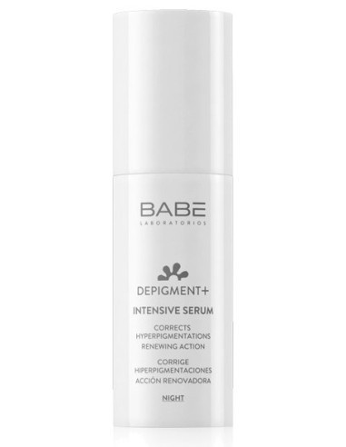 White cylindrical bottle with a pump dispenser, labeled "Babe Depigment+ Intensive Serum," 30 ml, featuring a minimalist design and the text "Corrects Hyperpigmentations Renewing Action."