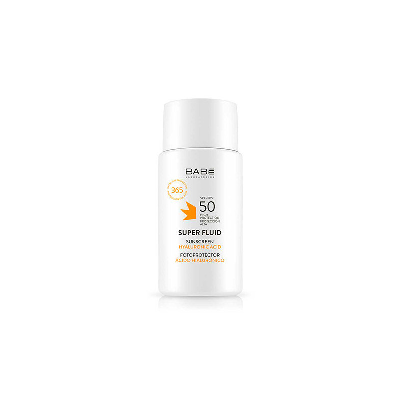 White bottle with a sleek design, featuring a pump top, labeled "Babe Face Photoprotector Fluid SPF 50" in orange and black text, 50ml size, highlighting hyaluronic acid benefits.