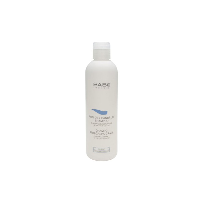 White plastic bottle of Babe Anti-Oily Dandruff Shampoo, 250 ml, featuring a light blue wave design and black text, with a screw-top lid.