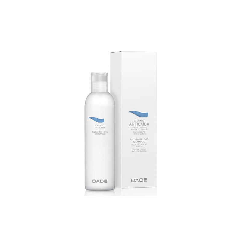 White shampoo bottle with a sleek design, featuring a light blue wave logo and the text "Champú Anticaída" on the front, accompanied by a matching white box.