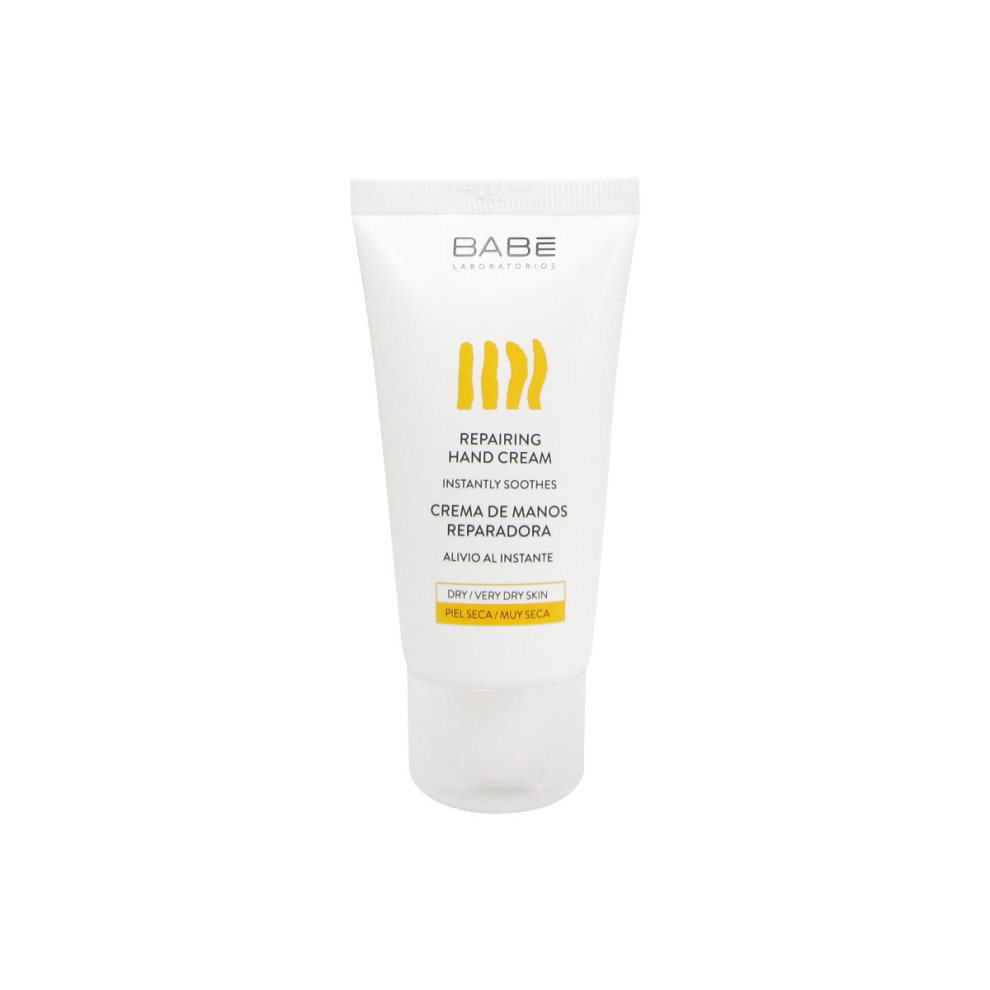 White tube of Bab Hand Repair Cream, 50ml, featuring a yellow and black label with the text "Repairing Hand Cream" and a minimalist design, ideal for dry skin.