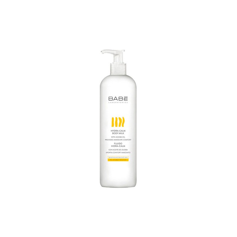 White plastic bottle of Babe Babé Hydra Calm Body Milk, featuring a pump dispenser, with yellow wave design and product details in black and white text.