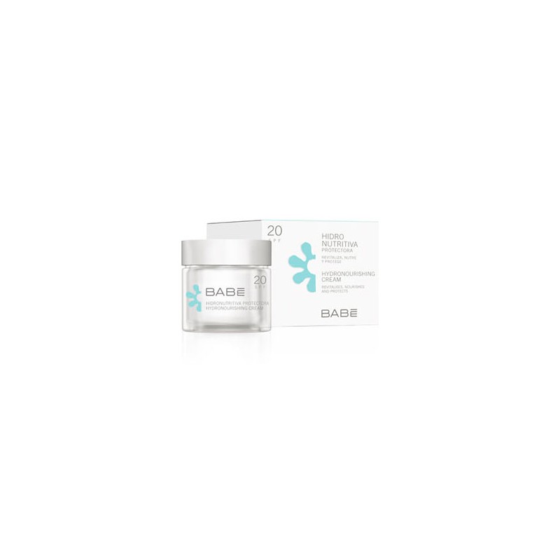 Babe Hydronourishing Cream SPF 20 in a clear jar, featuring a light blue design, accompanied by a white box with blue accents, all highlighting its hydrating properties.