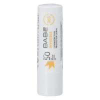 White cylindrical lip balm tube with a twist-up mechanism, labeled "Babe Invisible Lip Protector SPF 50," featuring a yellow sun icon and a sleek, minimalist design.