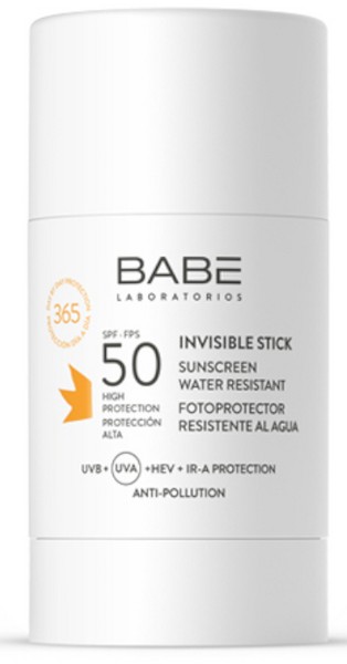 White cylindrical sunscreen stick with a twist-up design, labeled "Babe Invisible Stick SPF50," featuring high protection and water-resistant claims in bold black and orange text.