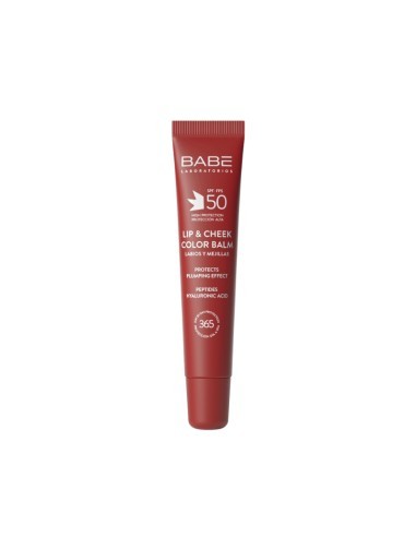 Babe Lip & Cheek SPF50 in Cherry, a 20 ml tube featuring a sleek design, with a rich red color and a glossy finish, ideal for adding color and sun protection.