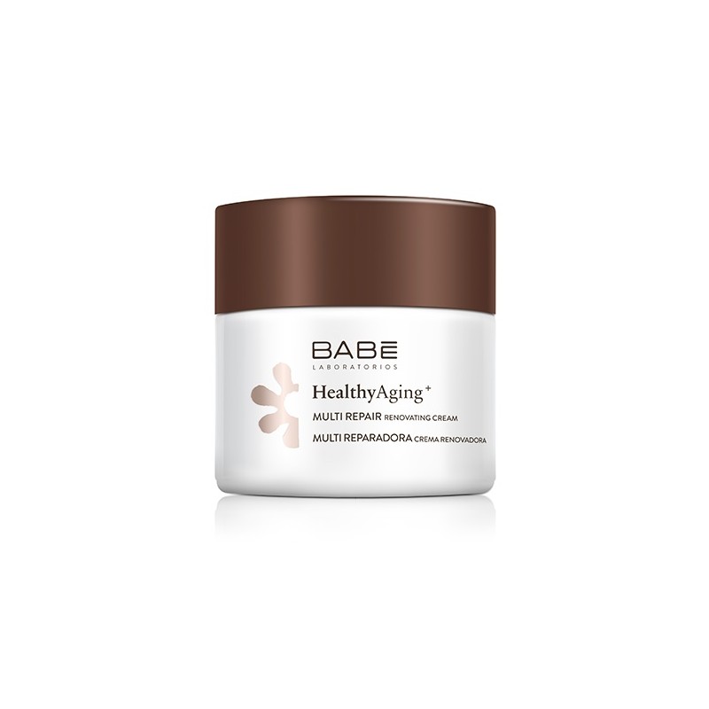 White jar with a brown lid labeled "BABE Healthy Aging Multi Repair Renovating Cream," 50ml, featuring a minimalist design and a smooth finish.