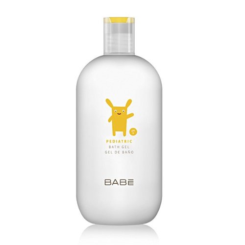 White 500ml bottle of Bab Pediatric Gel Bath by Babe, featuring a cheerful yellow cartoon character on the front and a yellow flip-top cap.