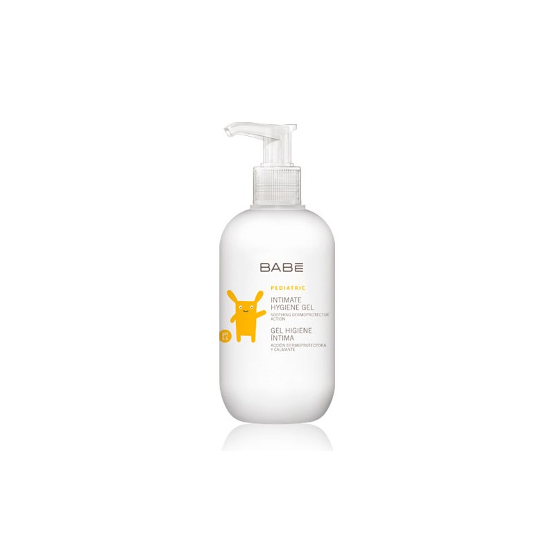 White plastic bottle with a pump dispenser, labeled "Babe Pediatric Intimate Hygiene Gel 200ml," featuring a playful yellow design with a child-like figure.