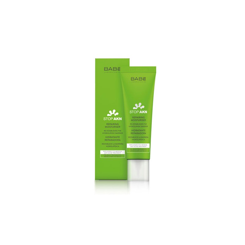 Bright green tube of Babe Stop Akn Repairing Moisturising Cream, 50 ml, with a sleek silver cap, displayed alongside its matching green box featuring white text and logo.