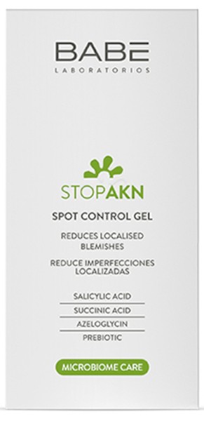 Babe Stop AKN Spot Control Gel in a 10 ml white tube with green accents, featuring text highlighting its ingredients and benefits for reducing blemishes.