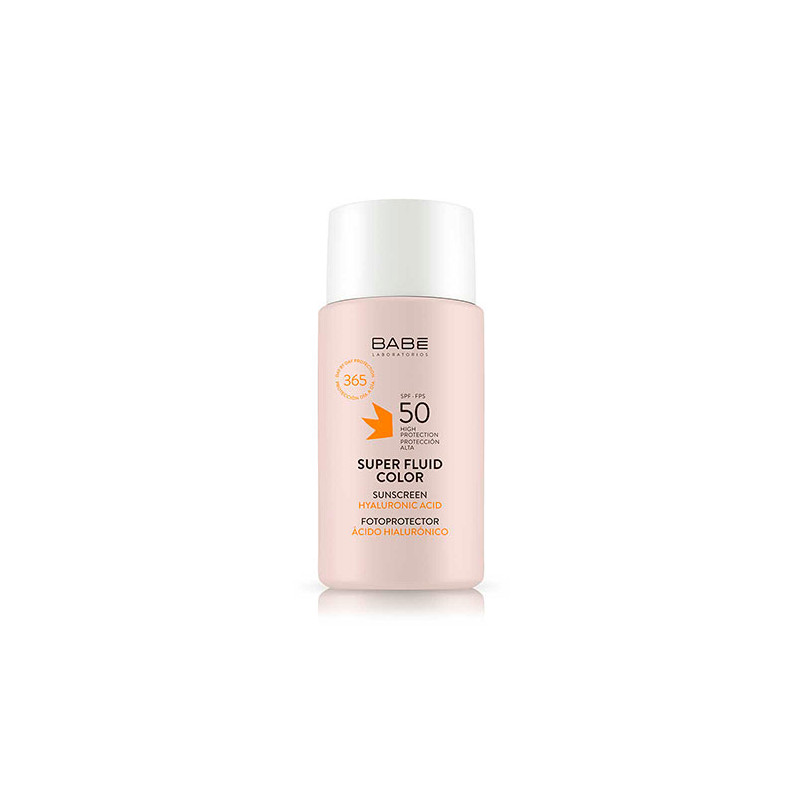 Babe Face Photoprotector Fluid Colour SPF 50 in a 50ml pink bottle with a white cap, featuring a label with orange accents and details about sun protection and hyaluronic acid.