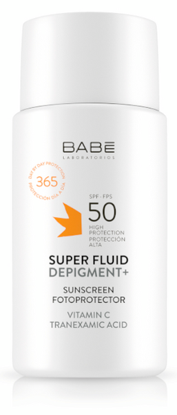 White cylindrical sunscreen bottle with a pump top, labeled "Babe Super Fluid Depigment + SPF 50," featuring an orange arrow and details about vitamin C and tranexamic acid.