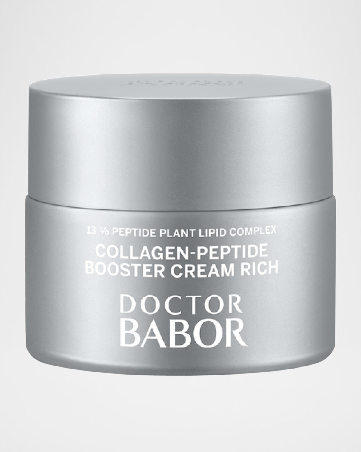 Silver jar of BABOR Doctor Collagen-Peptide Booster Cream Rich 50ml, featuring a smooth metallic finish and bold white text on the front.