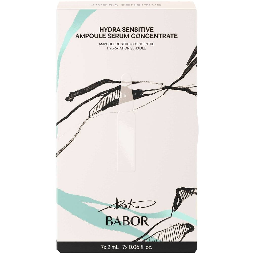 Babor Hydra Sensitive Ampoules Set features a sleek white box with teal accents, containing seven 2 mL glass ampoules for hydration.