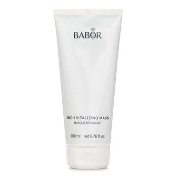 White tube packaging with a flip-top cap, labeled "Babor Rich Vitalizing Mask," 200ml/6.76oz, featuring a simple, elegant design with black text and the BABOR logo.