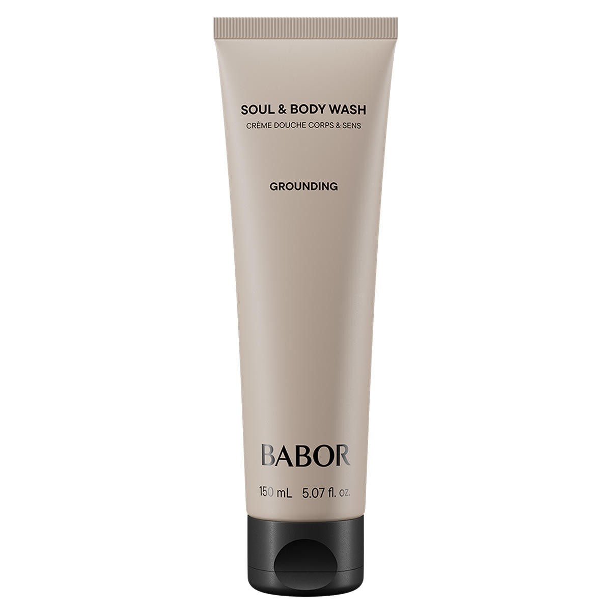 Light beige tube of BABOR Soul & Body Grounding Wash, 150 ml, featuring black text and a minimalist design, with "Grounding" prominently displayed.