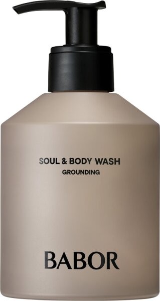 Babor Soul & Body Wash in a sleek, matte beige bottle with a black pump, labeled "SOUL & BODY WASH - GROUNDING" in bold black text, 8.45 oz size.