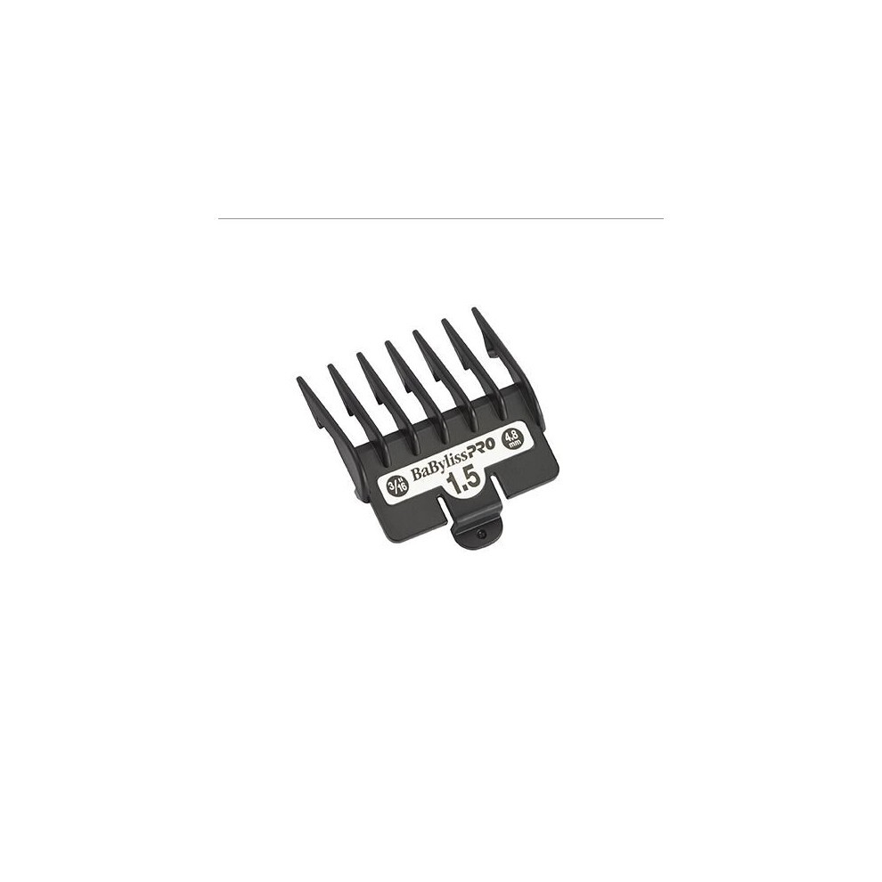 Black plastic comb guide for BaByliss Pro Super Motor Hair Clippers, marked with "1.5" (4.8mm), featuring multiple teeth for precise hair length control.