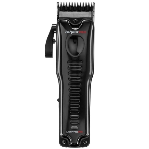 BaByliss PRO Lo-Pro FX cordless clipper in sleek black, featuring a textured grip, adjustable lever, and precision stainless steel blade for professional hair cutting.