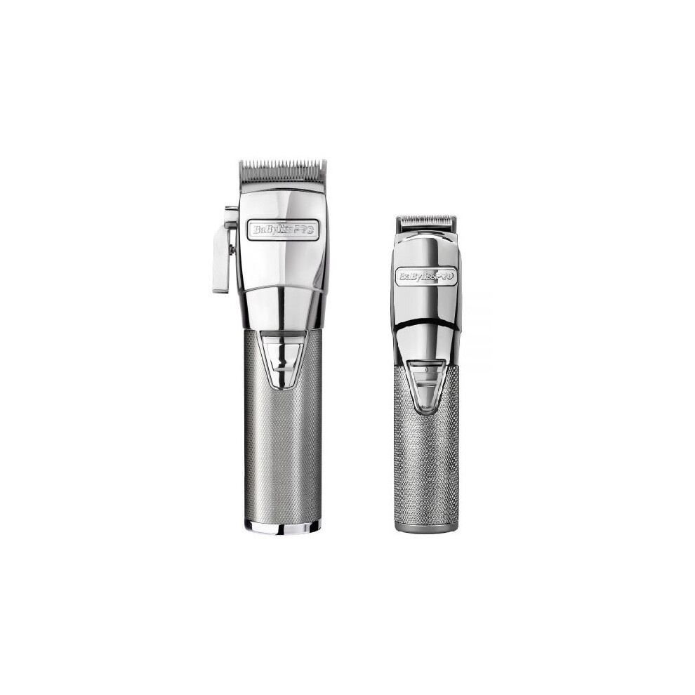 Shiny silver cordless clipper and trimmer set, featuring a sleek design with textured grips, adjustable blades, and a professional finish, ideal for precise grooming.