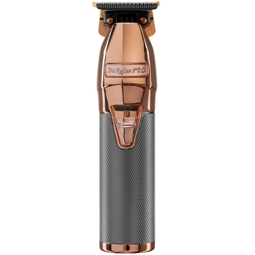 Cordless trimmer featuring a sleek rose gold and black design, with a textured grip and a precision blade for detailed grooming.