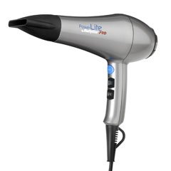 Silver and black BaByliss Pro Powerlite Hair Dryer features a sleek design, a concentrator nozzle, and control buttons on the handle for easy styling.