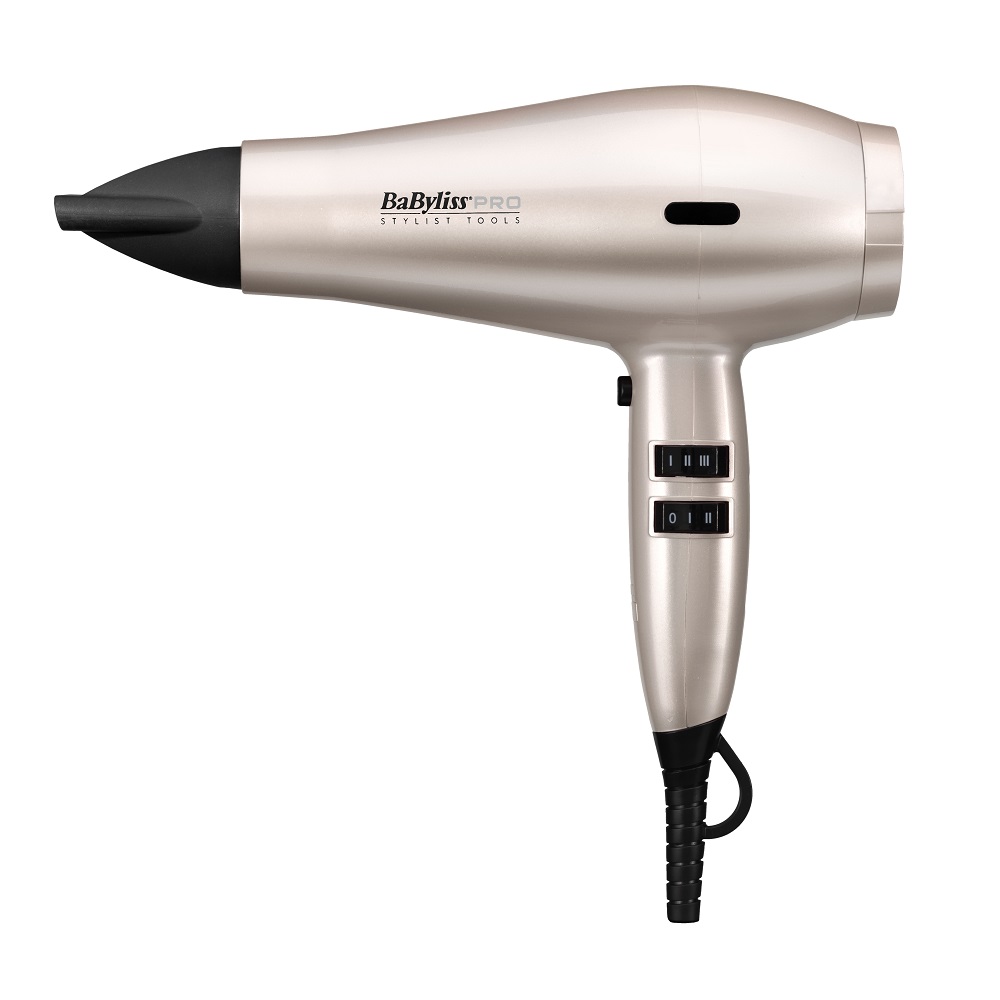 Babyliss "White Frost" hair dryer featuring a sleek metallic rose gold body, black nozzle, and two control switches for speed and heat settings.