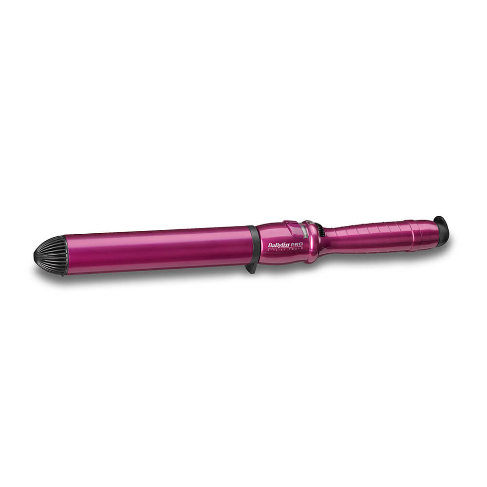 BaByliss Pro Spectrum Hair Wand in vibrant pink with a sleek, metallic finish, featuring a tapered barrel for versatile styling and a textured grip for easy handling.