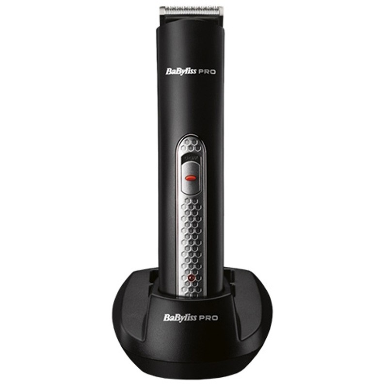 Black Babyliss Pro V-Blade Precision Trimmer with a sleek design, featuring a silver power button and textured grip, displayed on a charging base.
