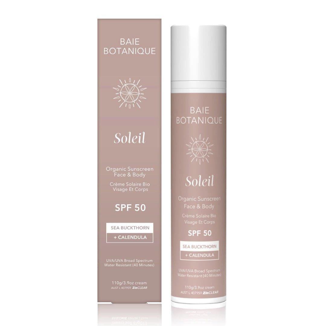 Baie Botanique Organic Face & Body Sunscreen SPF50 in a light beige tube with a pump dispenser, featuring sea buckthorn and calendula, packaged in a matching box.