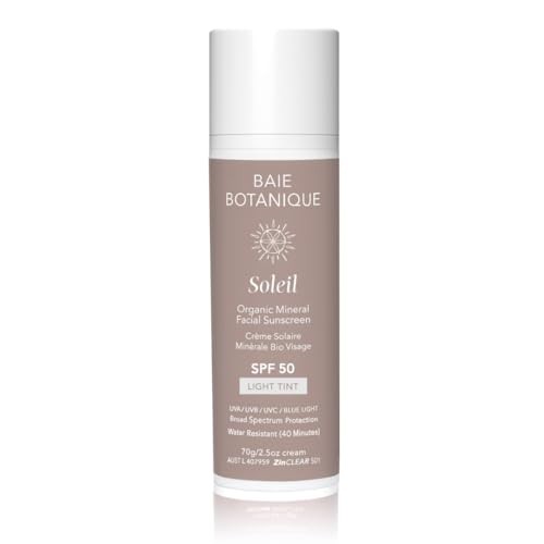 Light beige tube of Baie Botanique Soleil Organic Facial Sunscreen SPF 50, featuring a sleek design, with a sun logo and key details about its natural, vegan formula.