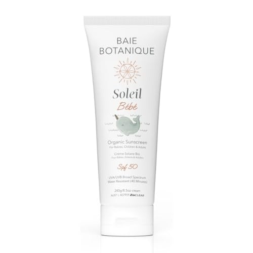 White tube of Baie Botanique Soleil Baby Sunscreen SPF 50, featuring a light green whale illustration, with a 240g capacity and organic sunscreen label.