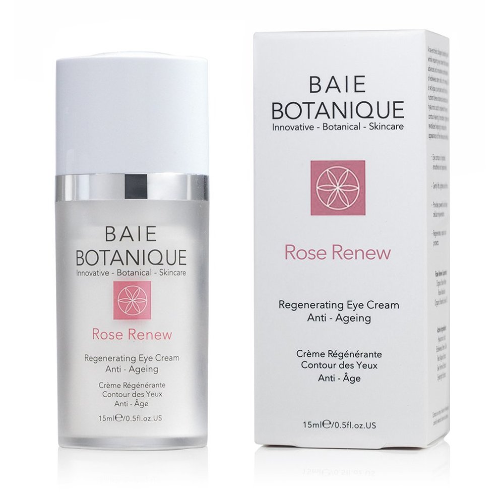 Clear glass bottle with a silver pump, labeled "Baie Botanique Rose Renew Regenerating Eye Cream," featuring a pink logo and text, with a white box beside it.