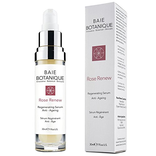 Clear glass bottle with a silver pump, containing a light yellow serum, alongside a white box featuring pink logo and text detailing its anti-aging properties.