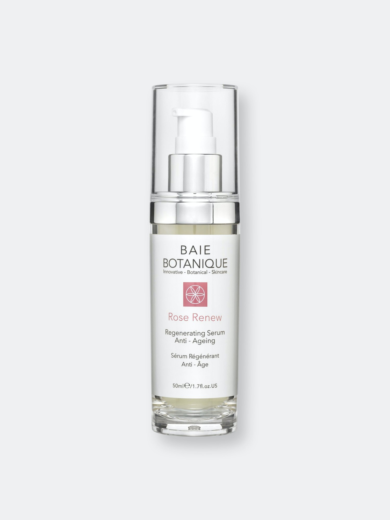 Clear glass bottle with a pump dispenser, featuring a pink label that reads "Baie Botanique Rose Renew Regenerating Serum" in elegant font, 50ml capacity.