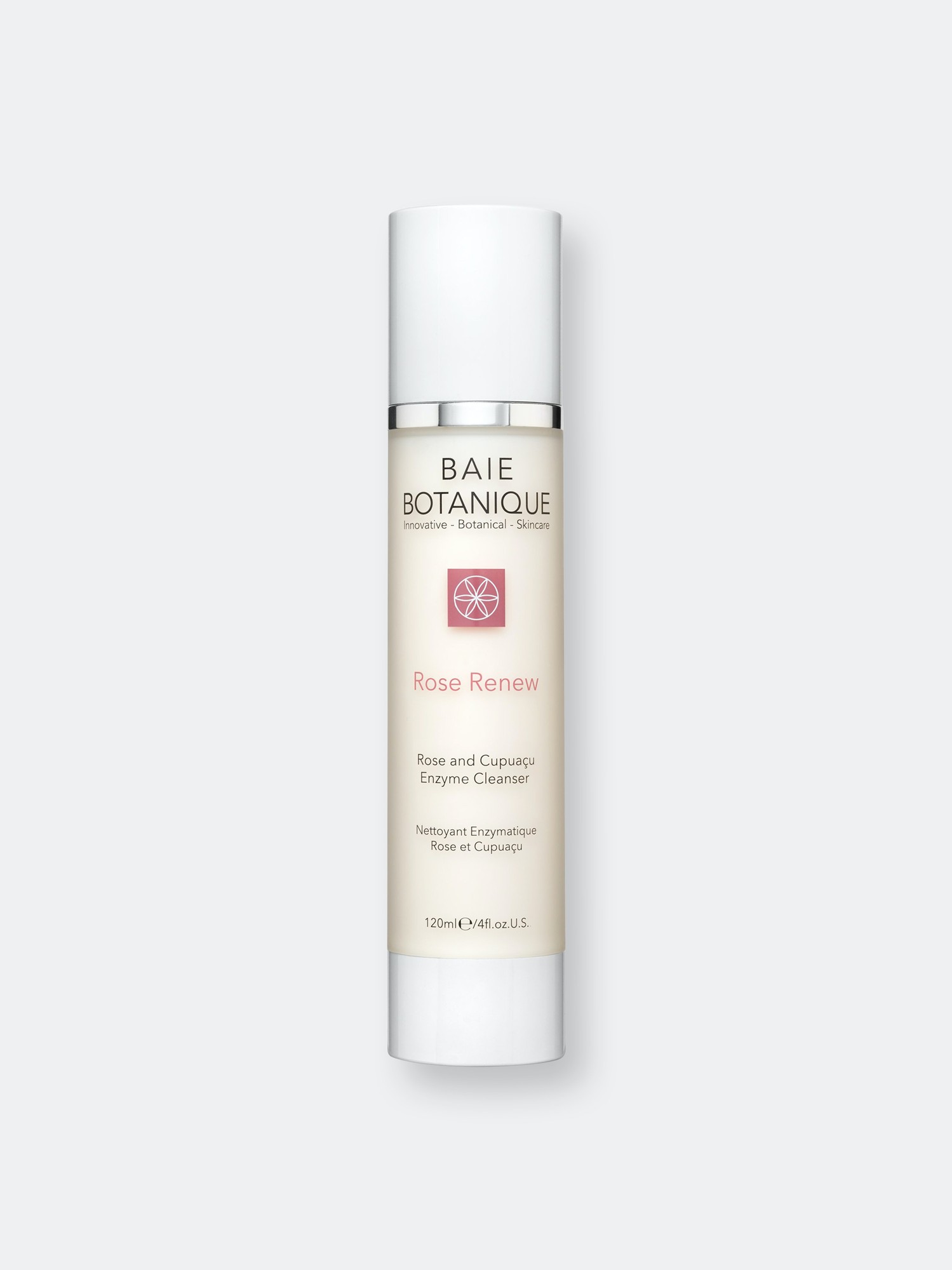Baie Botanique Rose Renew cleanser in a sleek, frosted glass bottle with a white pump, featuring a soft pink label and a minimalist design, 120ml size.