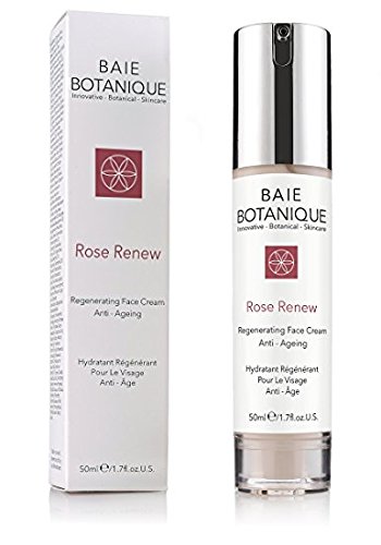 Baie Botanique Rose Renew Face Cream in a sleek, transparent bottle with a pump dispenser, featuring a pink and white box, highlighting anti-aging benefits.